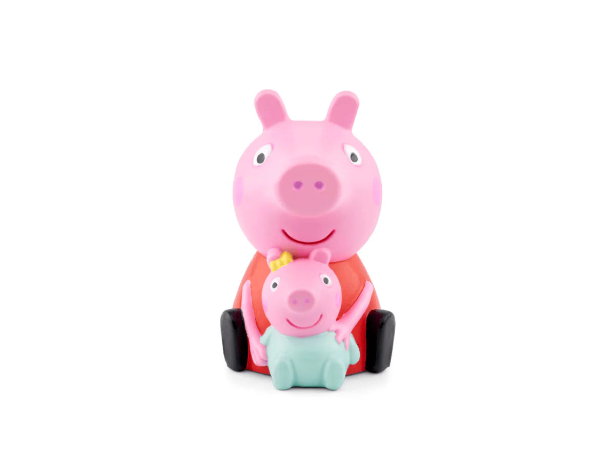 Tonie audio figure of Peppa Pig: The New Baby Sister, featuring Peppa and her family on a colorful background.