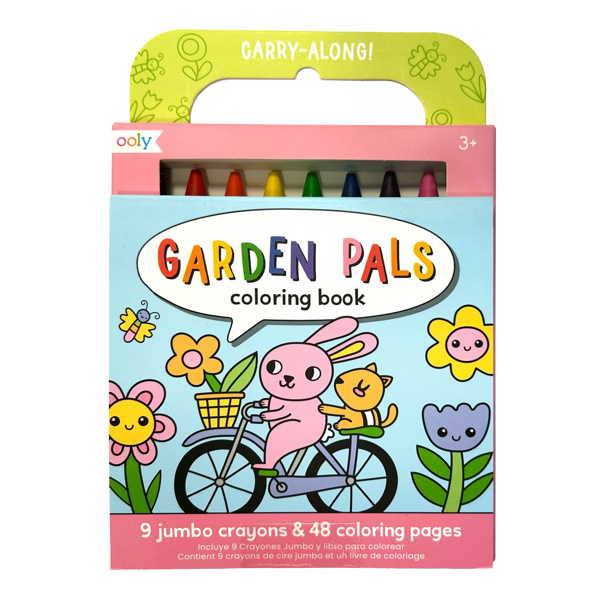 Ooly Garden Pals Carry Along coloring book with set of 9 colorful crayons, featuring outdoor garden-themed illustrations.
