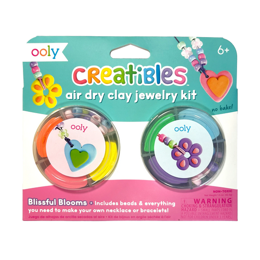 Ooly Creatibles air dry clay jewelry kit with Blissful Blooms designs, featuring colorful clay pieces and jewelry-making tools.