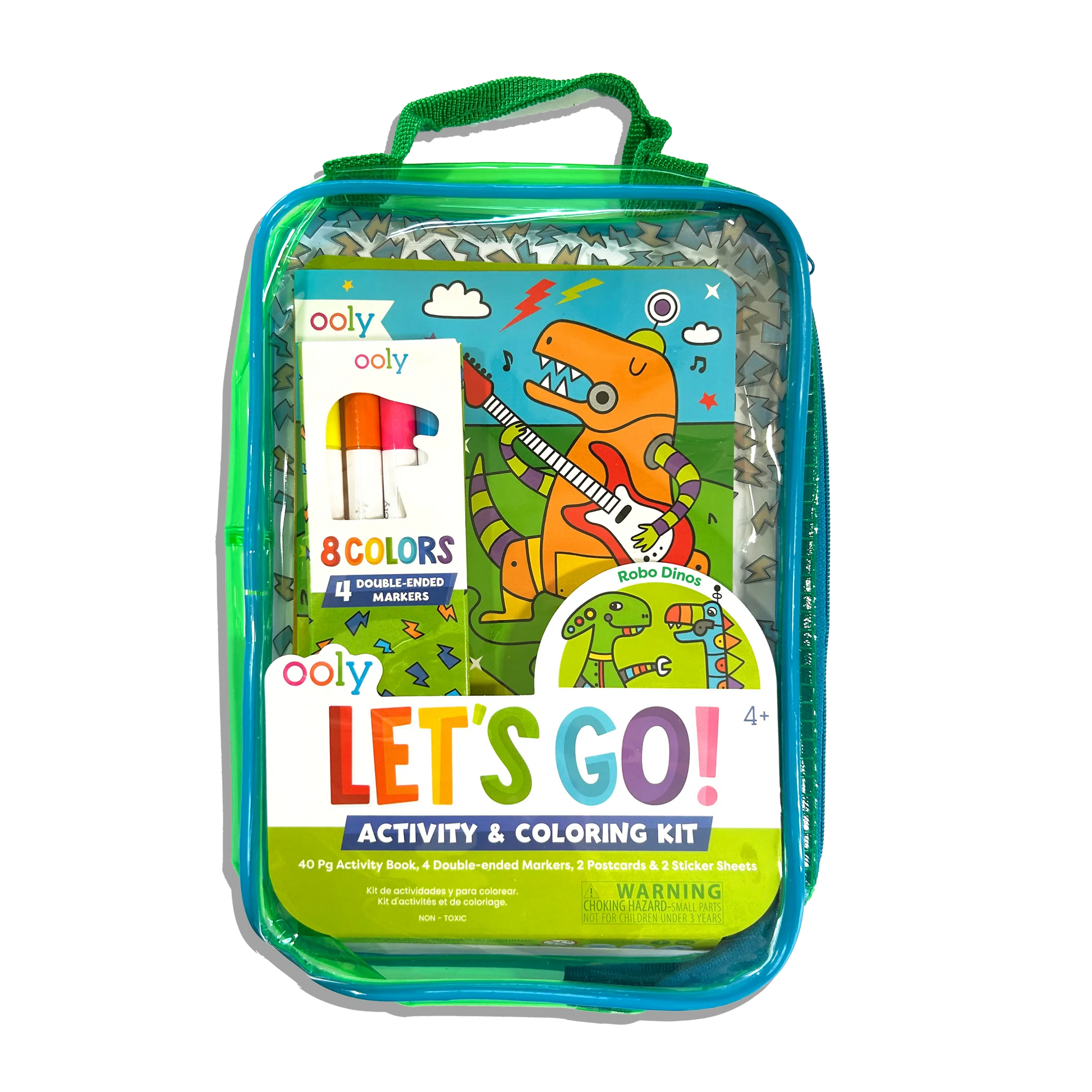 Let's Go! Activity and Coloring Kit by ooly featuring fun robo-dino designs with coloring pages and activity materials inside a front case.