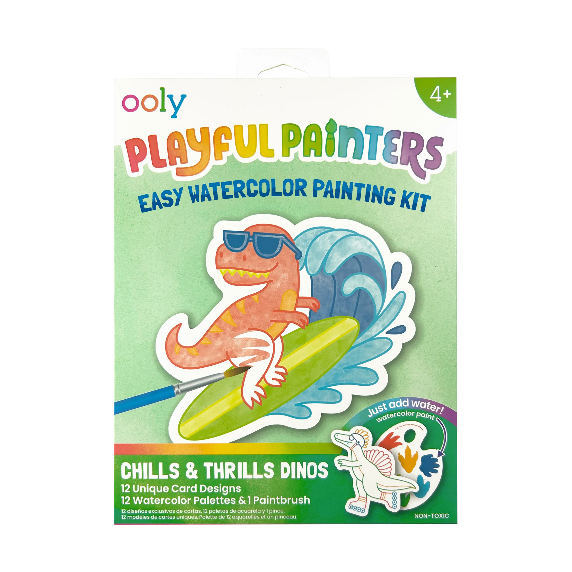 Playful Painters watercolor painting kit by ooly featuring fun dinosaur-themed watercolor supplies and colorful packaging.