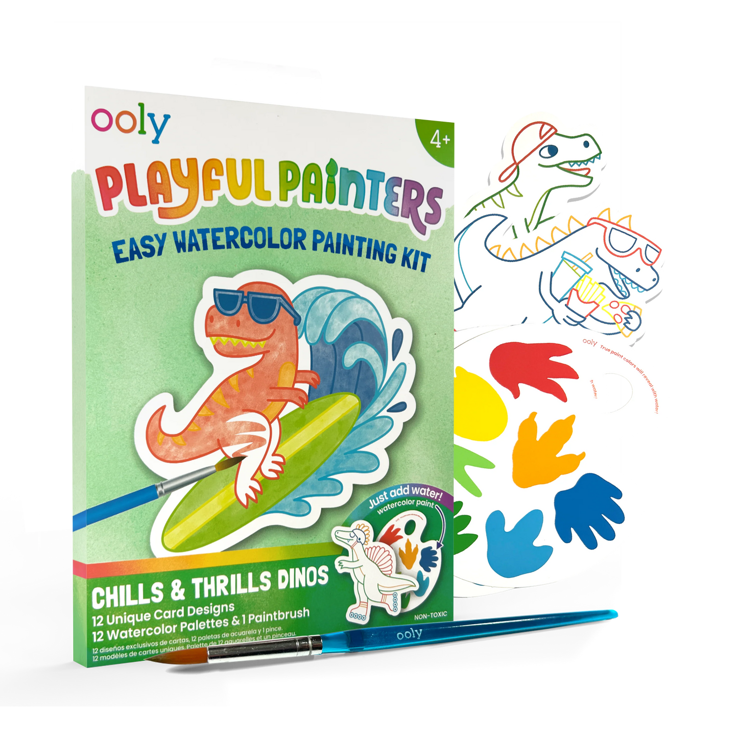 Ooly Playful Painters Easy Watercolor Painting Kit featuring colorful dinosaur illustrations and art supplies for kids.