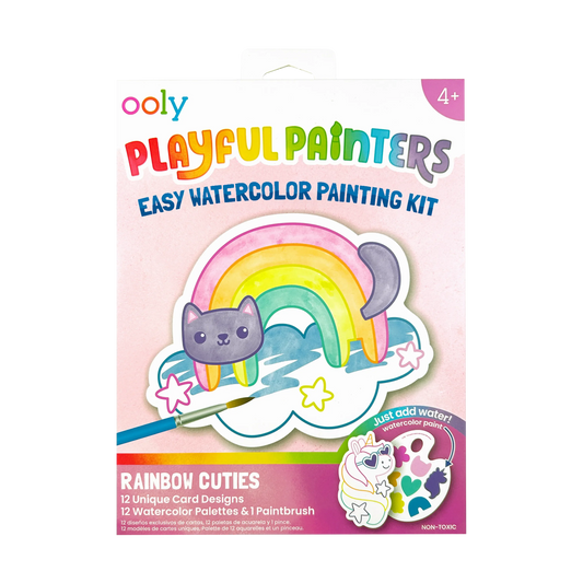 Ooly Playful Painters watercolor painting kit with rainbow cuties design, featuring colorful paints and brushes for kids' creative art projects.