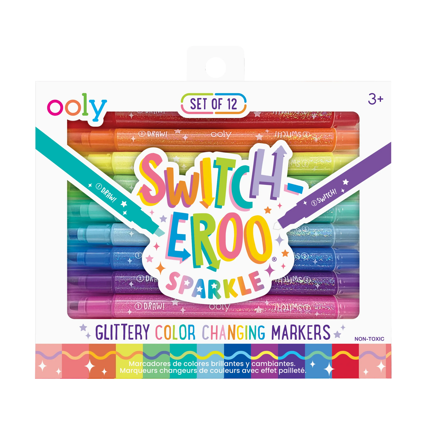 Set of 12 Ooly Switch-Eroo sparkle glittery color-changing markers with vibrant, shimmering ink in a colorful packaging.