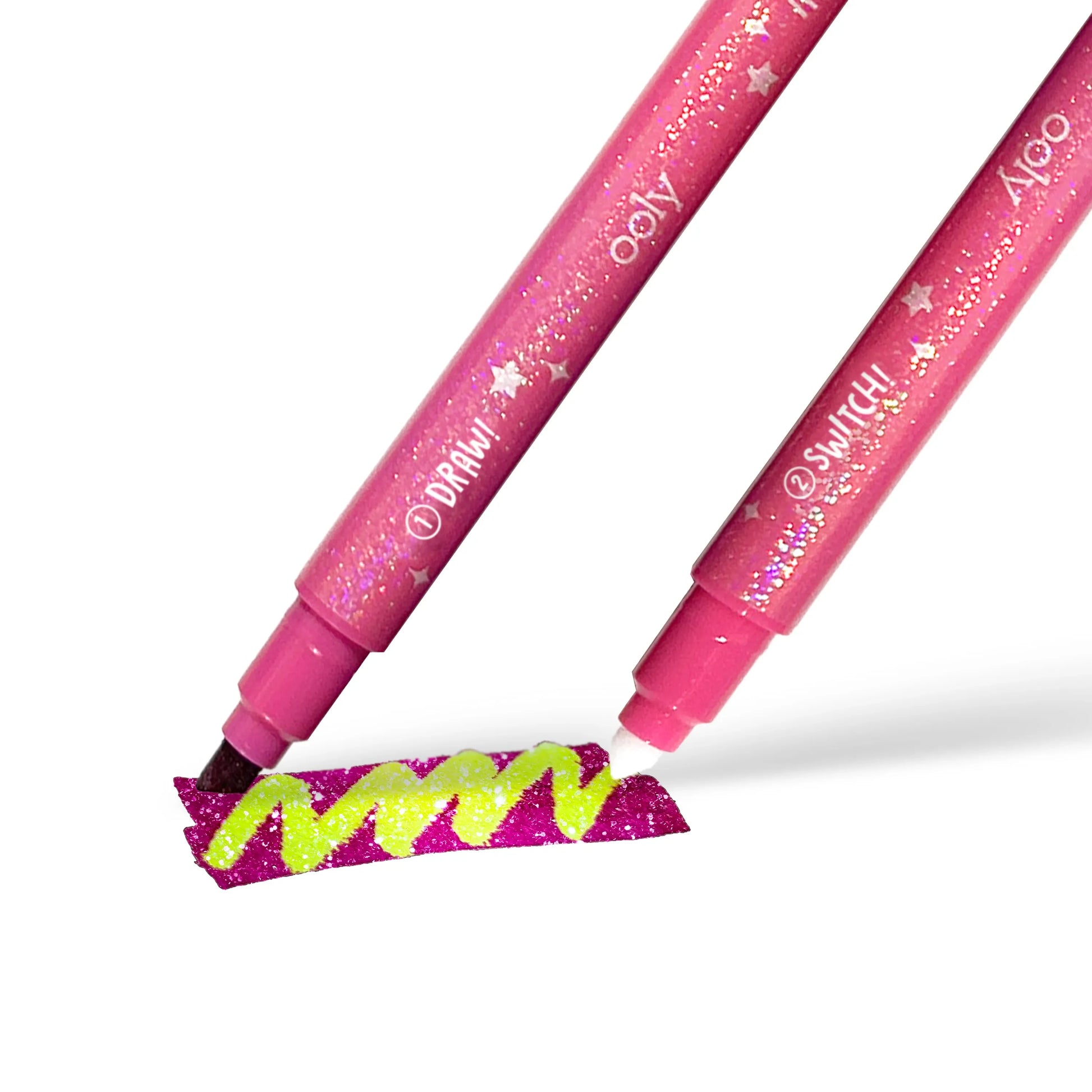 Set of 12 Ooly Switch-Eroo sparkle glittery color-changing markers in pink with shimmering, glittery ink for creative drawing and coloring.