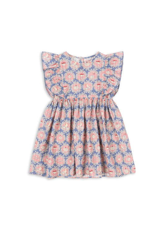 Konges Slojd Snack Time Kim Frill Dress for toddlers, featuring a cute, colorful design with ruffle details and comfortable fabric.