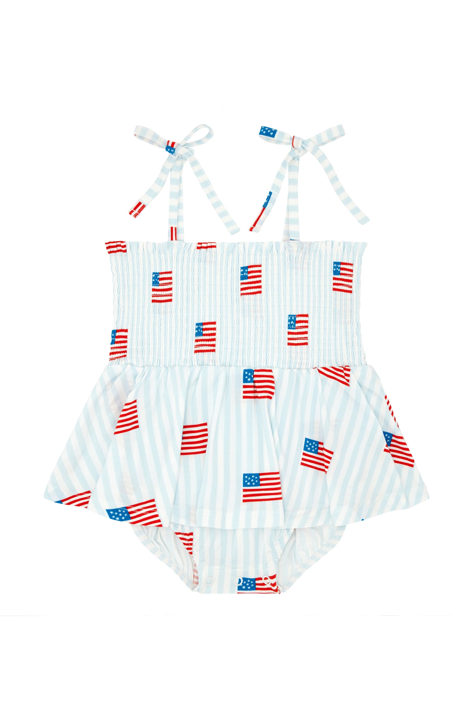 All American Smocked Twirl Romper by In My Jammers, baby girl outfit with pink and white bubble print and smocked bodice.