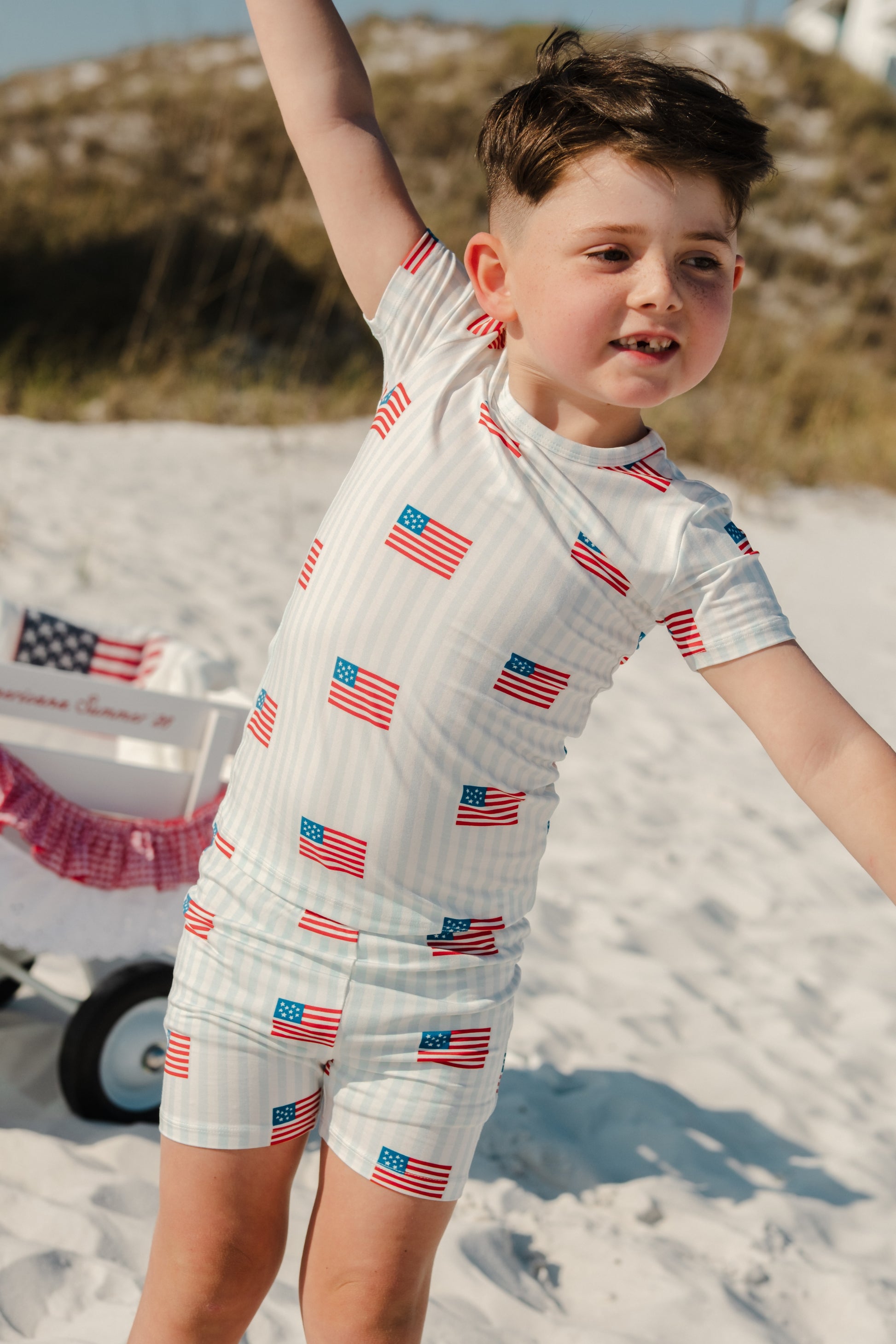 In My Jammers All American two-piece set featuring a patriotic design with red, white, and blue colors and casual fit.