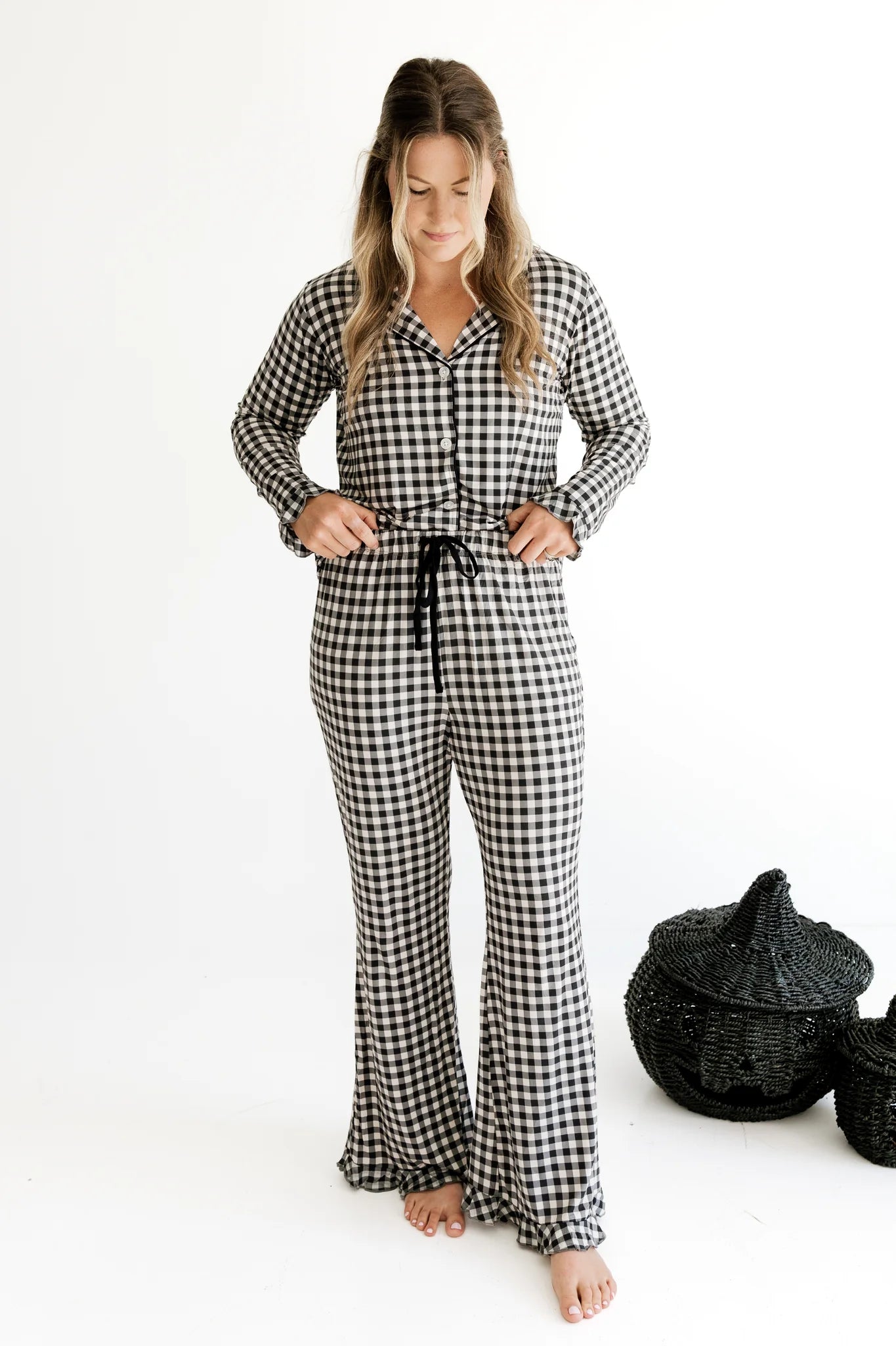 Black and Cream Gingham Women's Long Sleeve Set