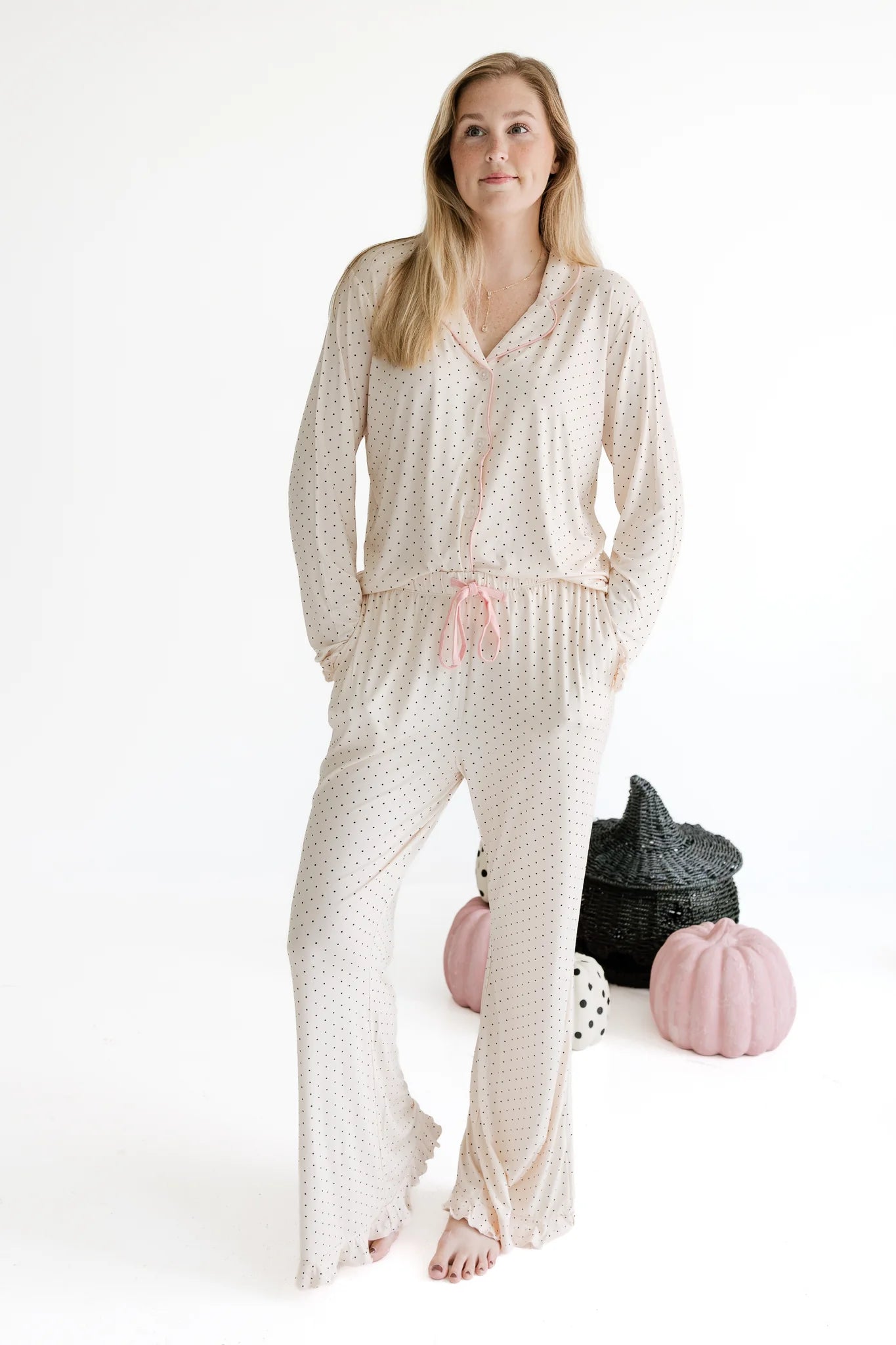 Cream and Black Polka Dot Women's Long Sleeve Set