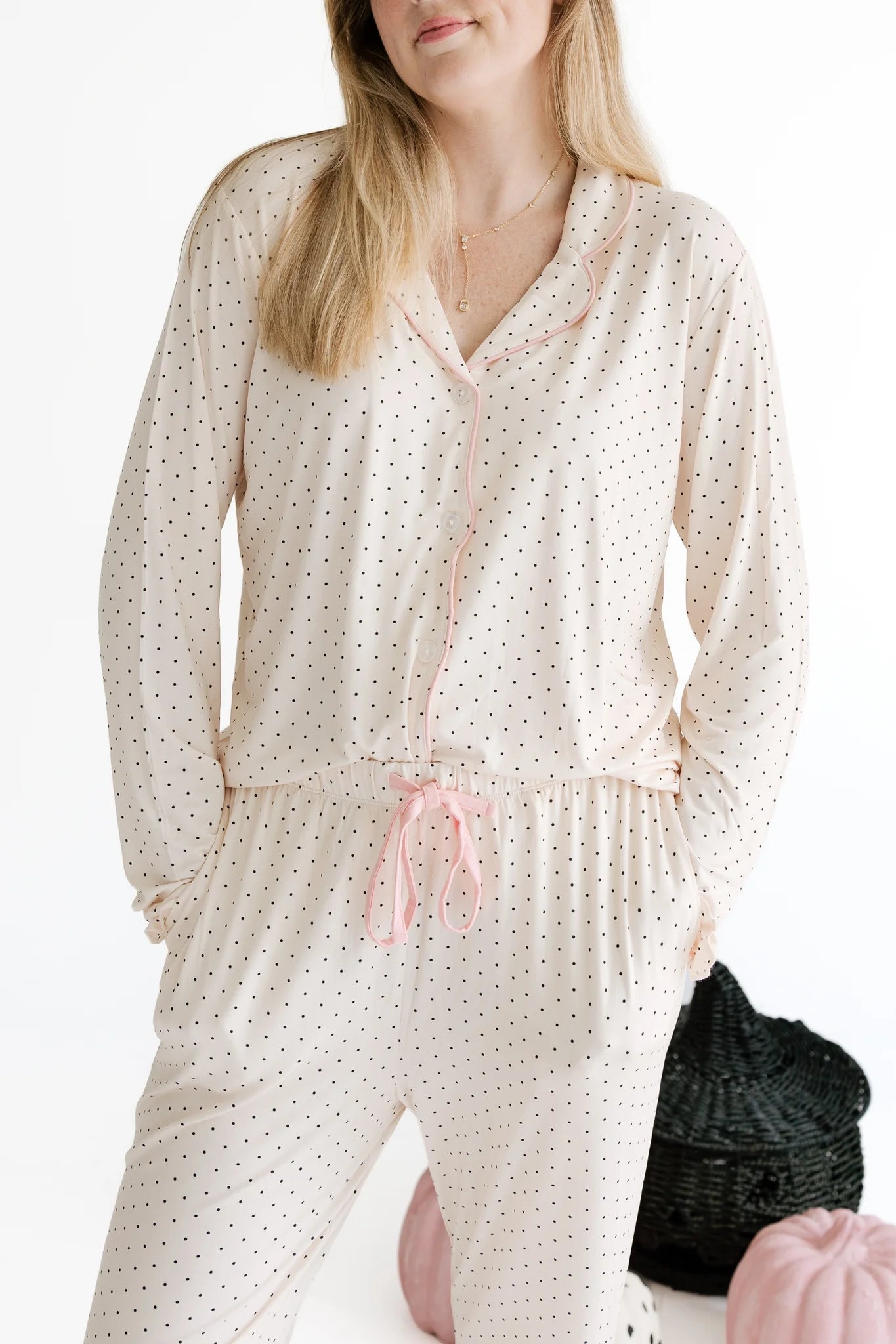 Cream and Black Polka Dot Women's Long Sleeve Set