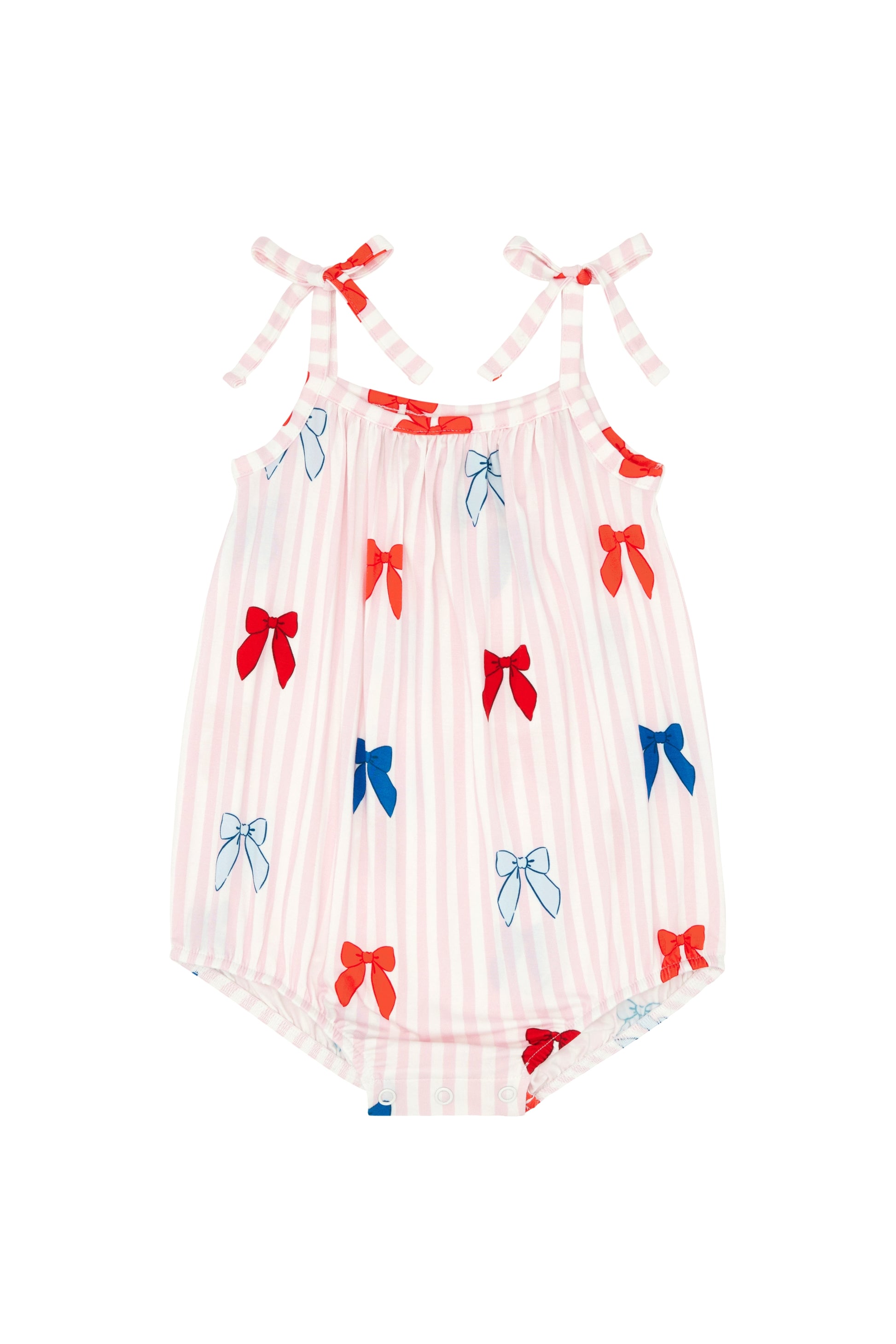 In My Jammers Liberty Bow Bubble Romper for babies, featuring a cute bow and playful design on soft fabric.