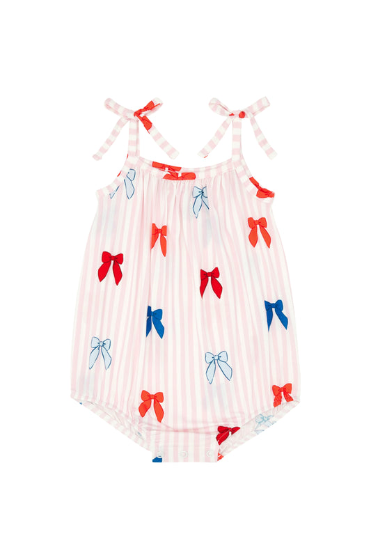 In My Jammers Liberty Bow Bubble Romper for babies, featuring a cute bow and playful design on soft fabric.