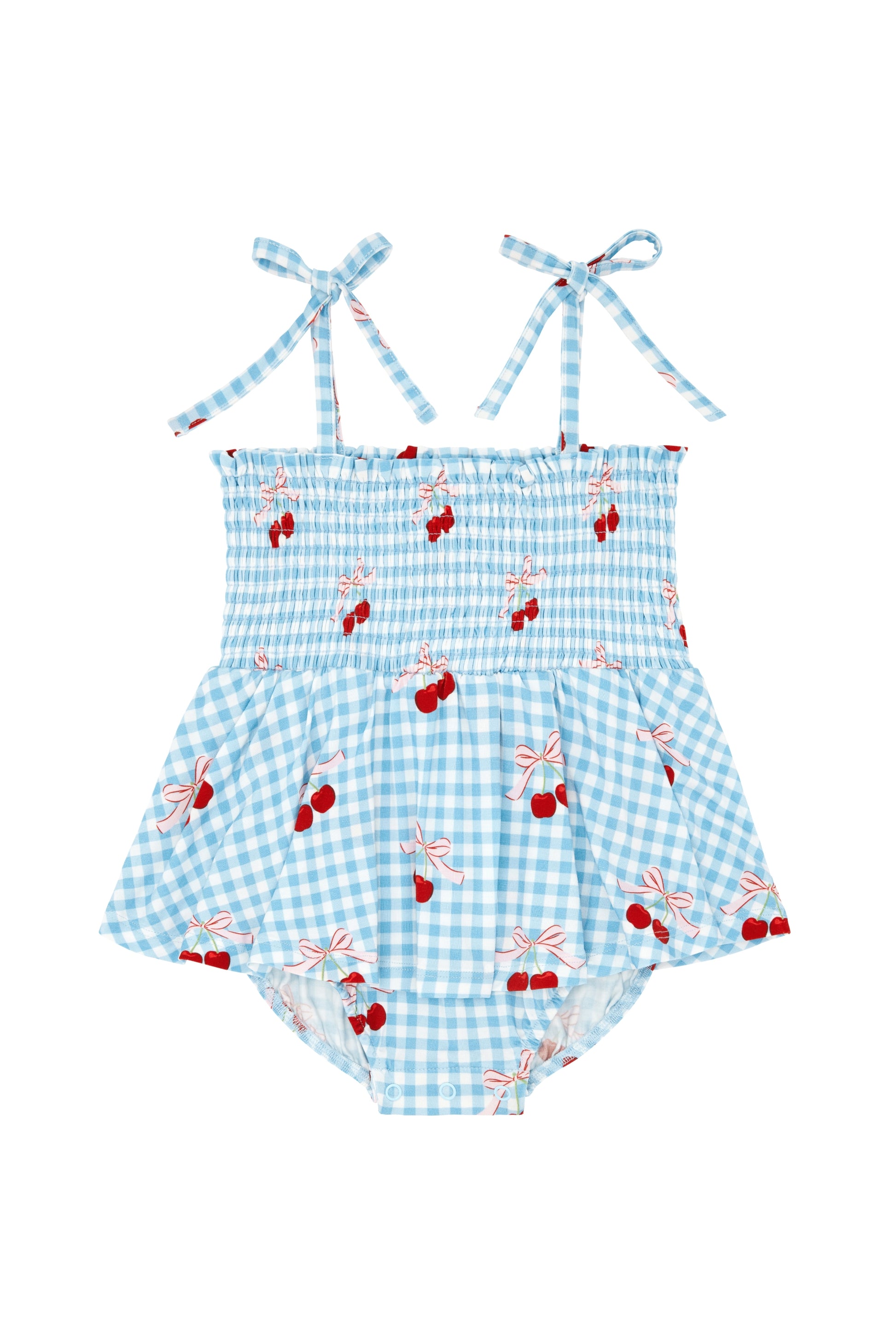 Little Cherry smocked twirl romper by In My Jammers featuring colorful cherry prints and a comfortable, ruffled design for babies.