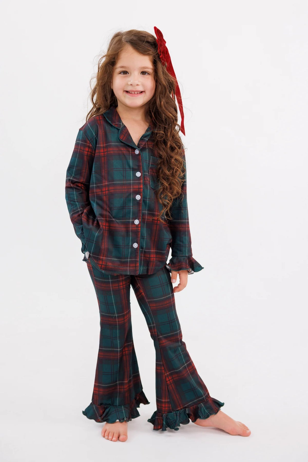 In My Jammers Holiday Heritage Plaid kids' long sleeve ruffle flare set, featuring a plaid button-up top and matching pants for girls.