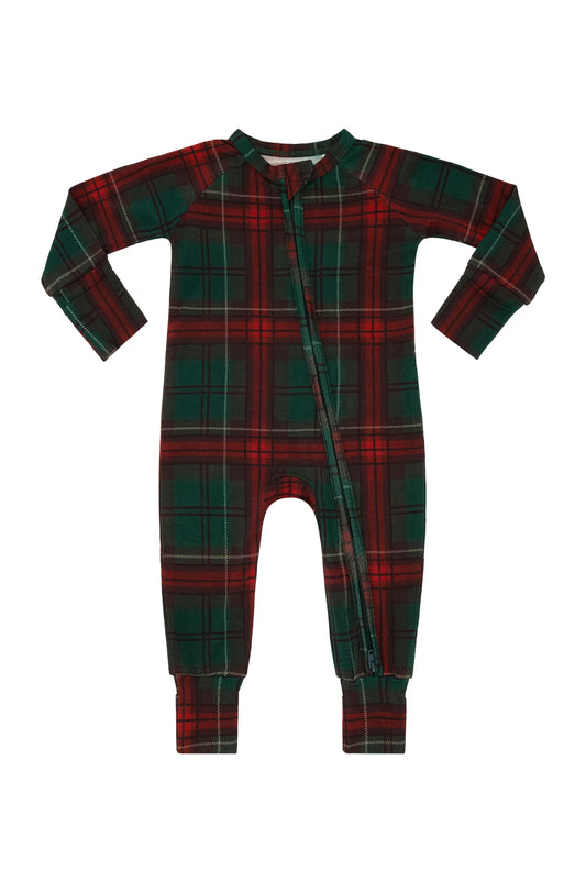 In My Jammers Holiday Heritage Plaid Zipper Romper displayed on a flat lay with zipper front and plaid pattern.