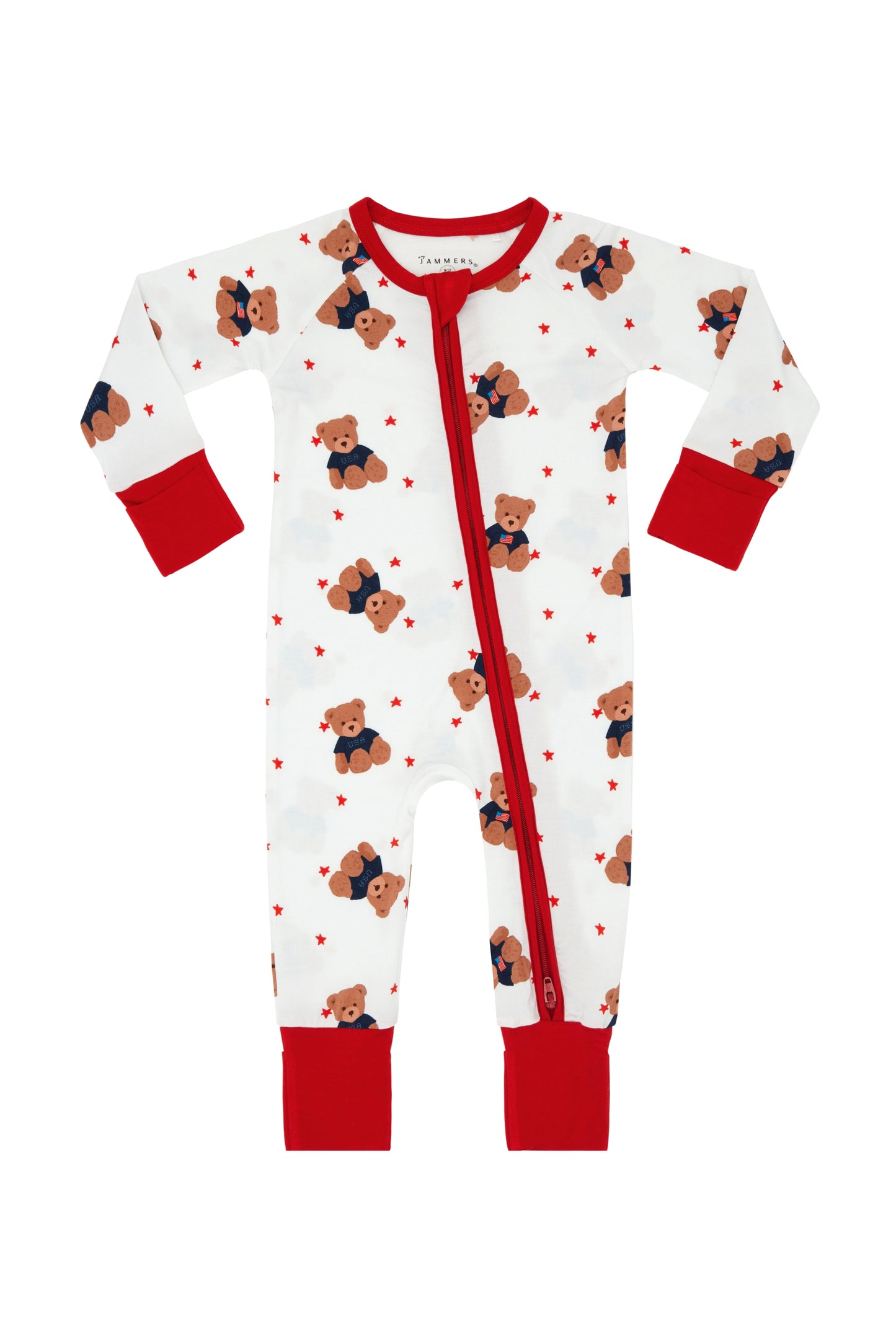 Star Spangled Teddy Zipper Romper by In My Jammers, featuring red, white, and blue star print with a front zipper and teddy style fit.