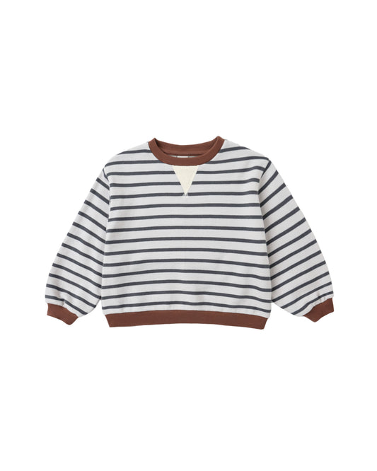 Rylee & Cru Midnight Stripe Legend Sweatshirt in fog gray with white and dark gray stripe pattern, cozy and stylish casual wear.