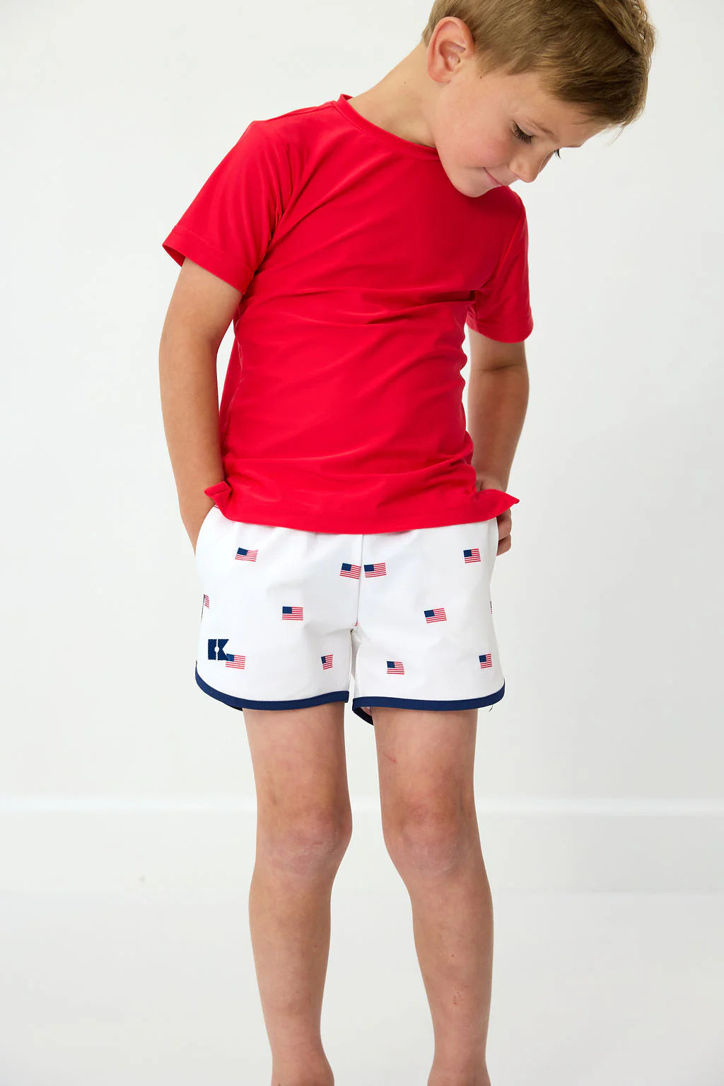Courtside Kids Old Glory retro super short with navy piping, soft fabric, and classic style for kids.