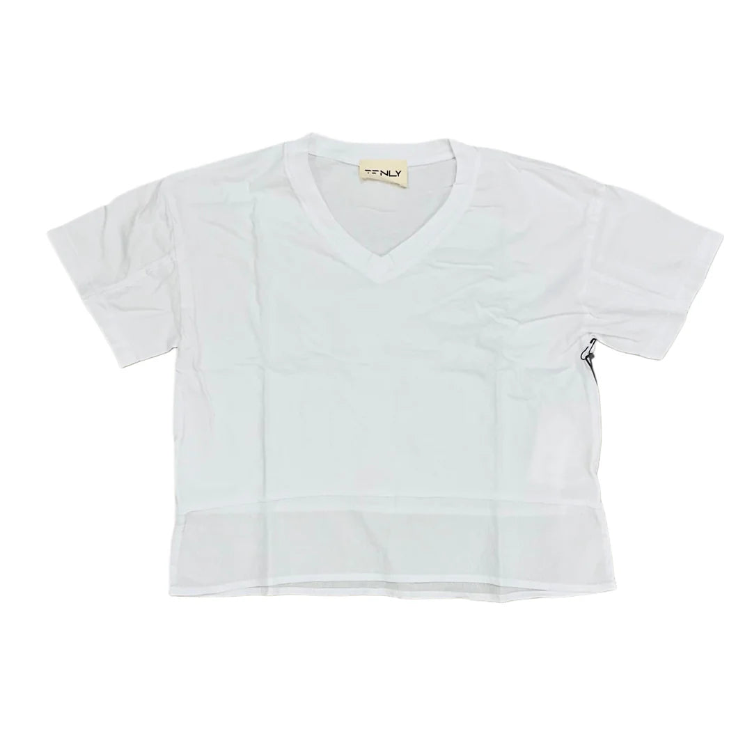 White cotton jersey boxy V-neck hem tee by TENLY, shown on a flat lay with a relaxed fit and clean V-neck design.