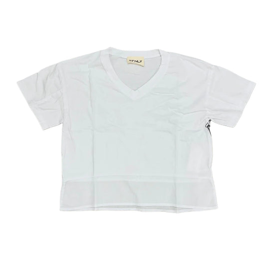 White cotton jersey boxy V-neck hem tee by TENLY, shown on a flat lay with a relaxed fit and clean V-neck design.