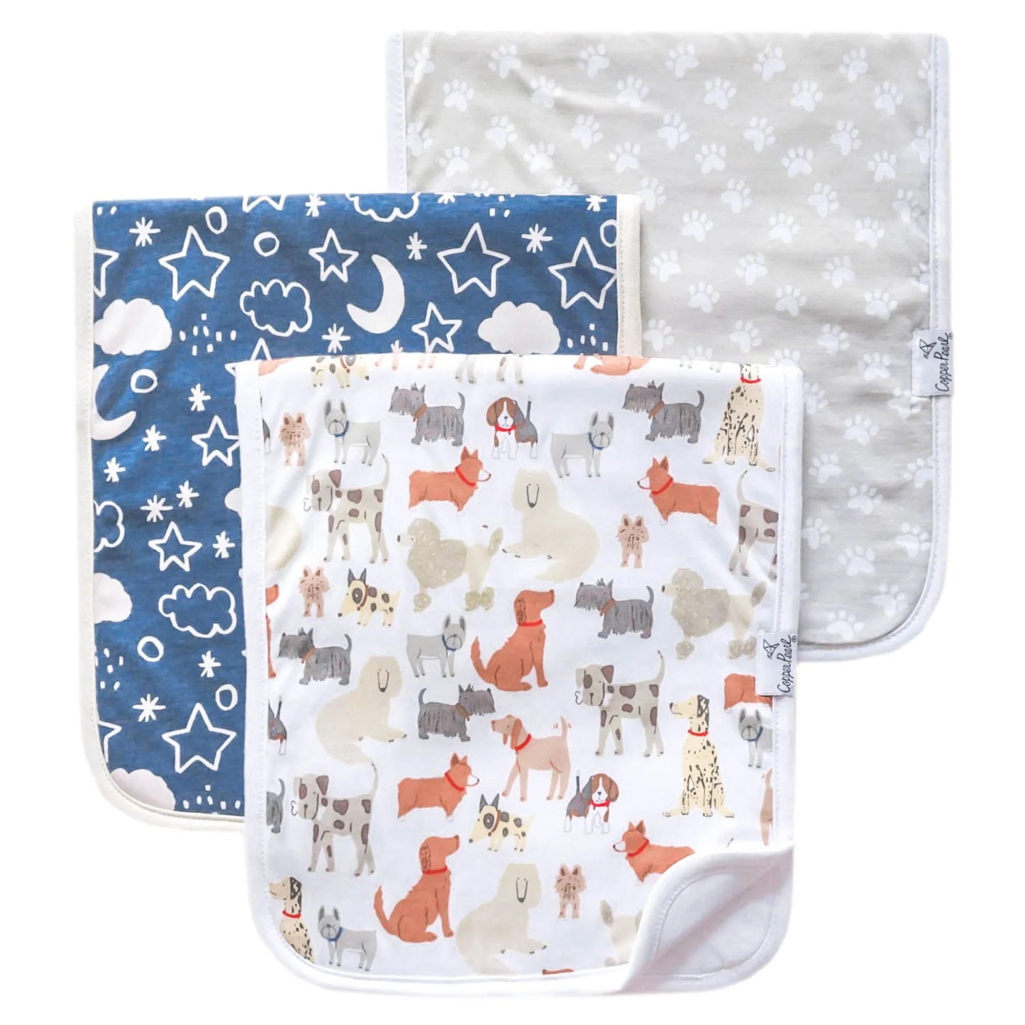 Copper Pearl Rufus premium burp cloths, soft and absorbent, featuring playful patterns perfect for protecting clothing during burping.