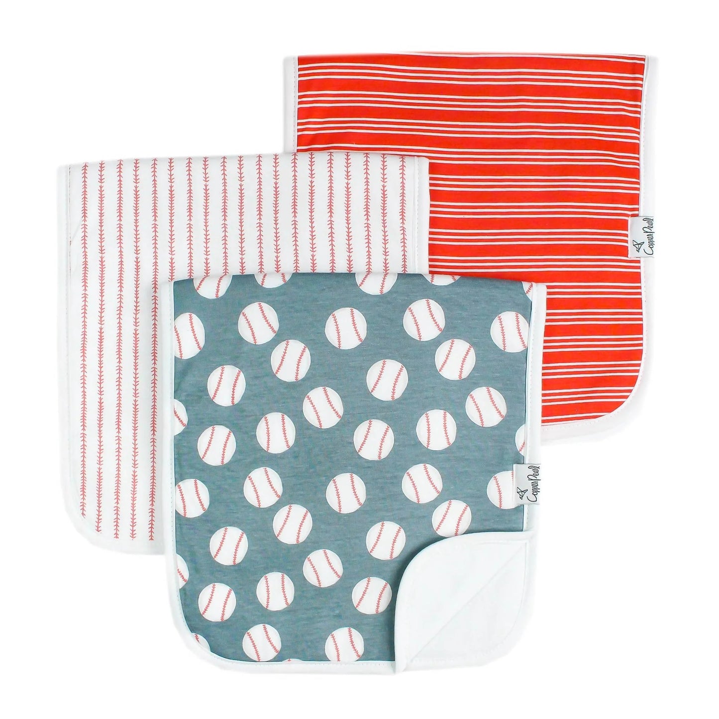 Copper Pearl Slugger burp cloths in soft, absorbent fabric with a stylish design, perfect for protecting clothing during feeding.