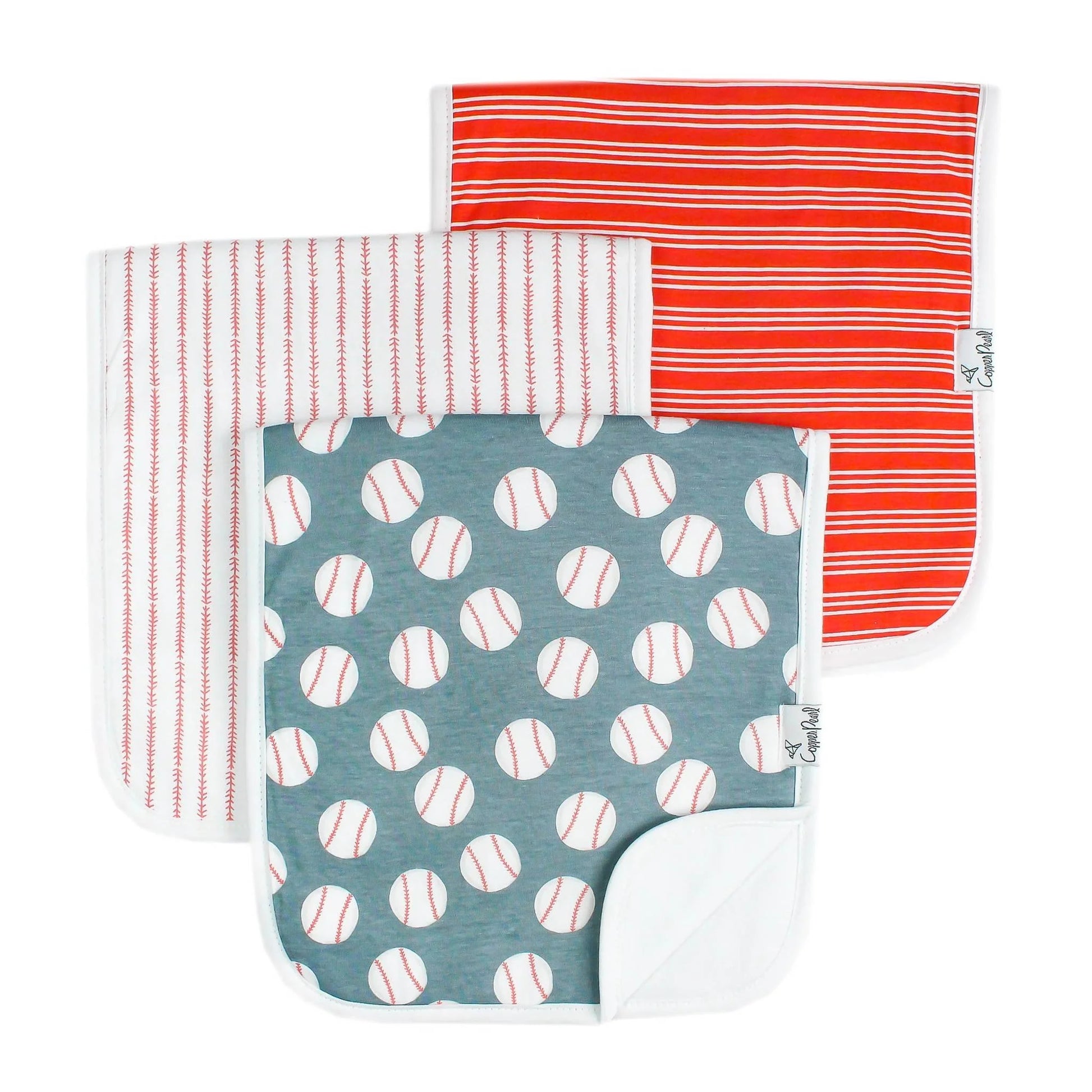 Copper Pearl Slugger burp cloths in soft, absorbent fabric with a stylish design, perfect for protecting clothing during feeding.