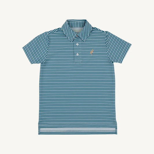 Sumner County Stripe Prim and Proper Polo by The Beaufort Bonnet Company, featuring Barnsley Blue and Keeneland Khaki Stork colors.