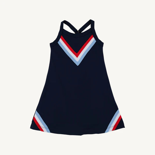 Nantucket Navy Prepletic™ Little Miss Tennis Dress by The Beaufort Bonnet Company with white and red accents, suitable for young girls.