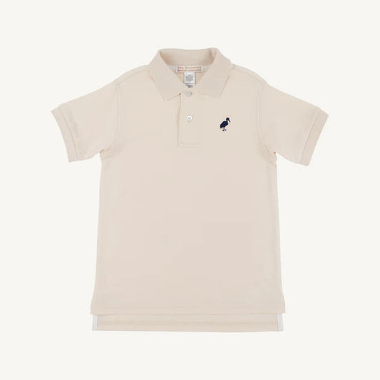 Osprey oatmeal and Nantucket Navy Stork Prim & Proper Polo onesie by The Beaufort Bonnet Company featuring a navy stork print.