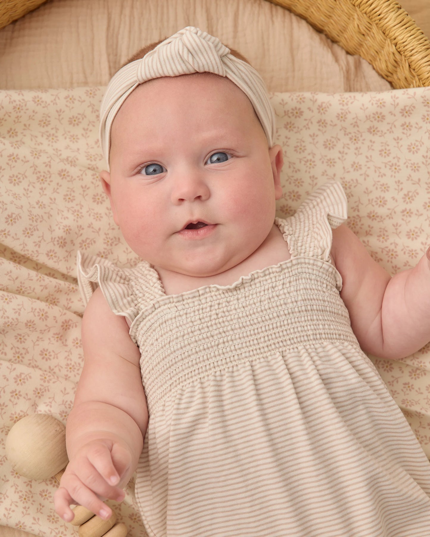 Quincy Mae oat micro stripe smocked ruffle sleeve romper for girls, featuring cute ruffle details and comfortable fit.