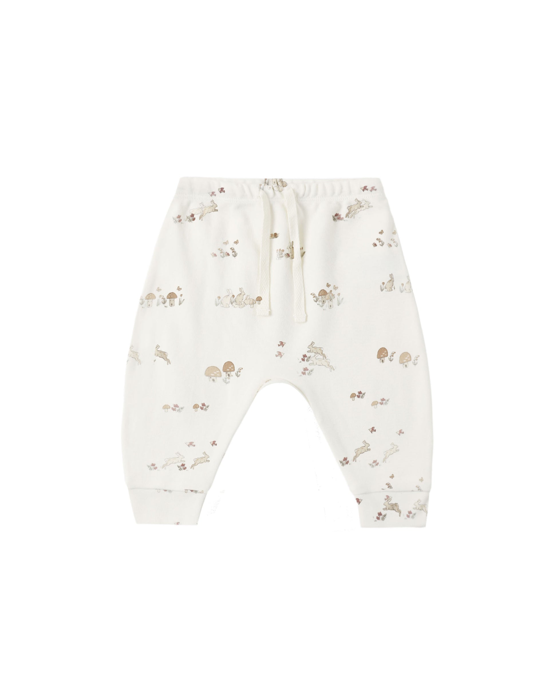 Ivory bunnies print drawstring pants by Quincy Mae, featuring soft fabric and a comfortable elastic waistband.