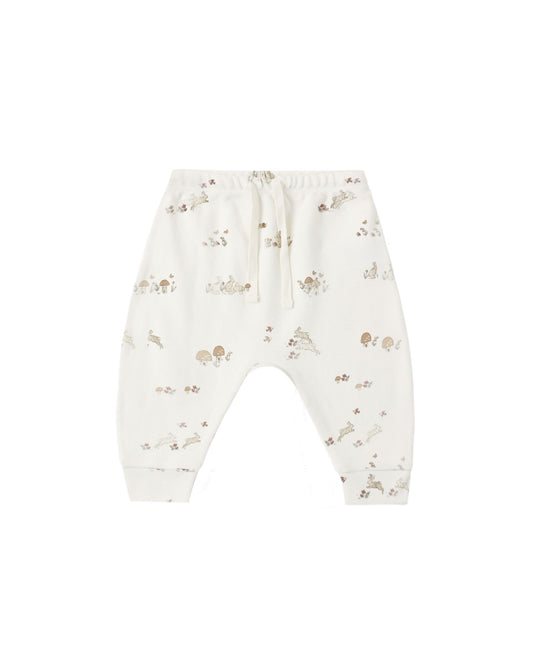 Ivory bunnies print drawstring pants by Quincy Mae, featuring soft fabric and a comfortable elastic waistband.