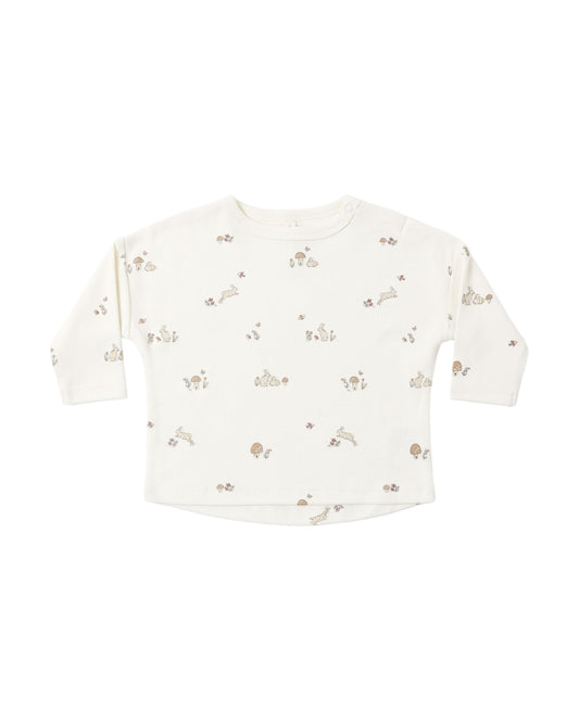 Ivory long sleeve tee with bunny print from Quincy Mae, featuring soft fabric and casual fit for kids.