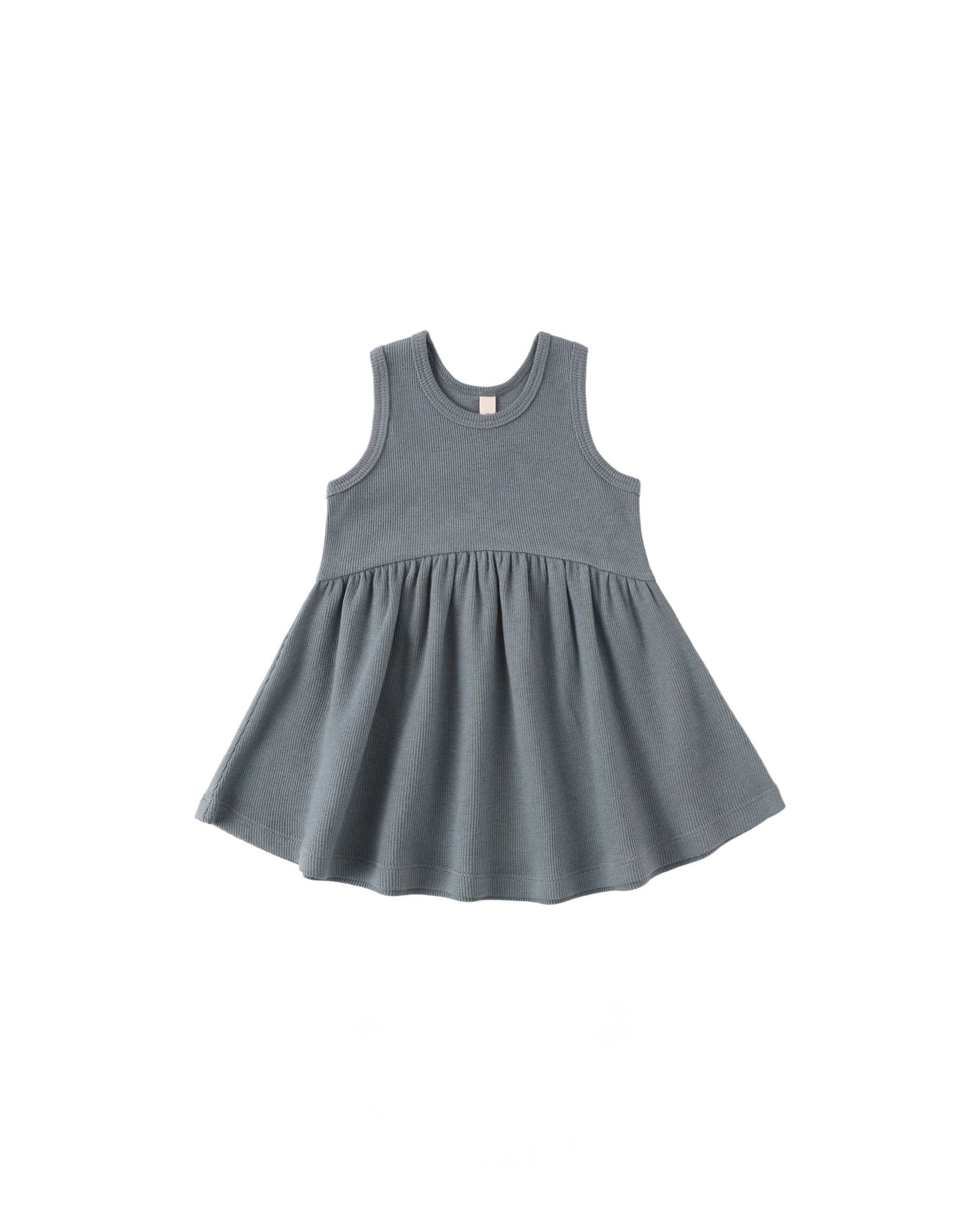 Ocean blue ribbed tank dress by Quincy Mae, featuring a sleeveless design and comfortable fit, perfect for casual summer wear.