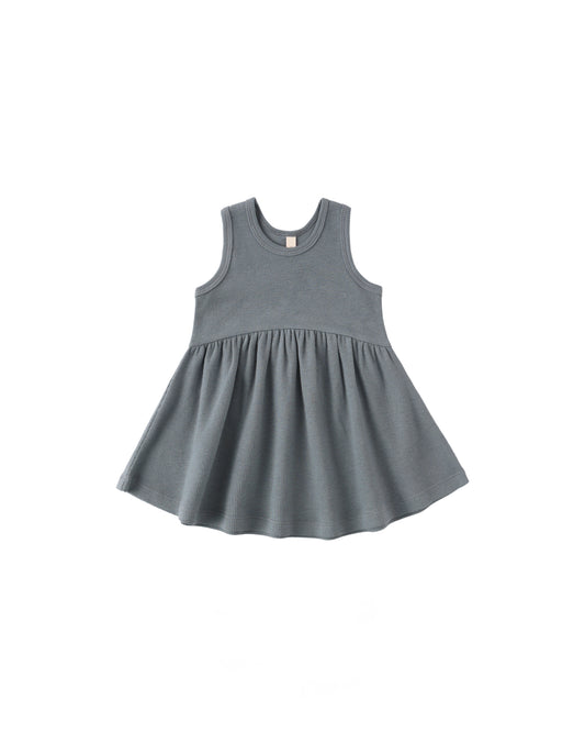 Ocean blue ribbed tank dress by Quincy Mae, featuring a sleeveless design and comfortable fit, perfect for casual summer wear.