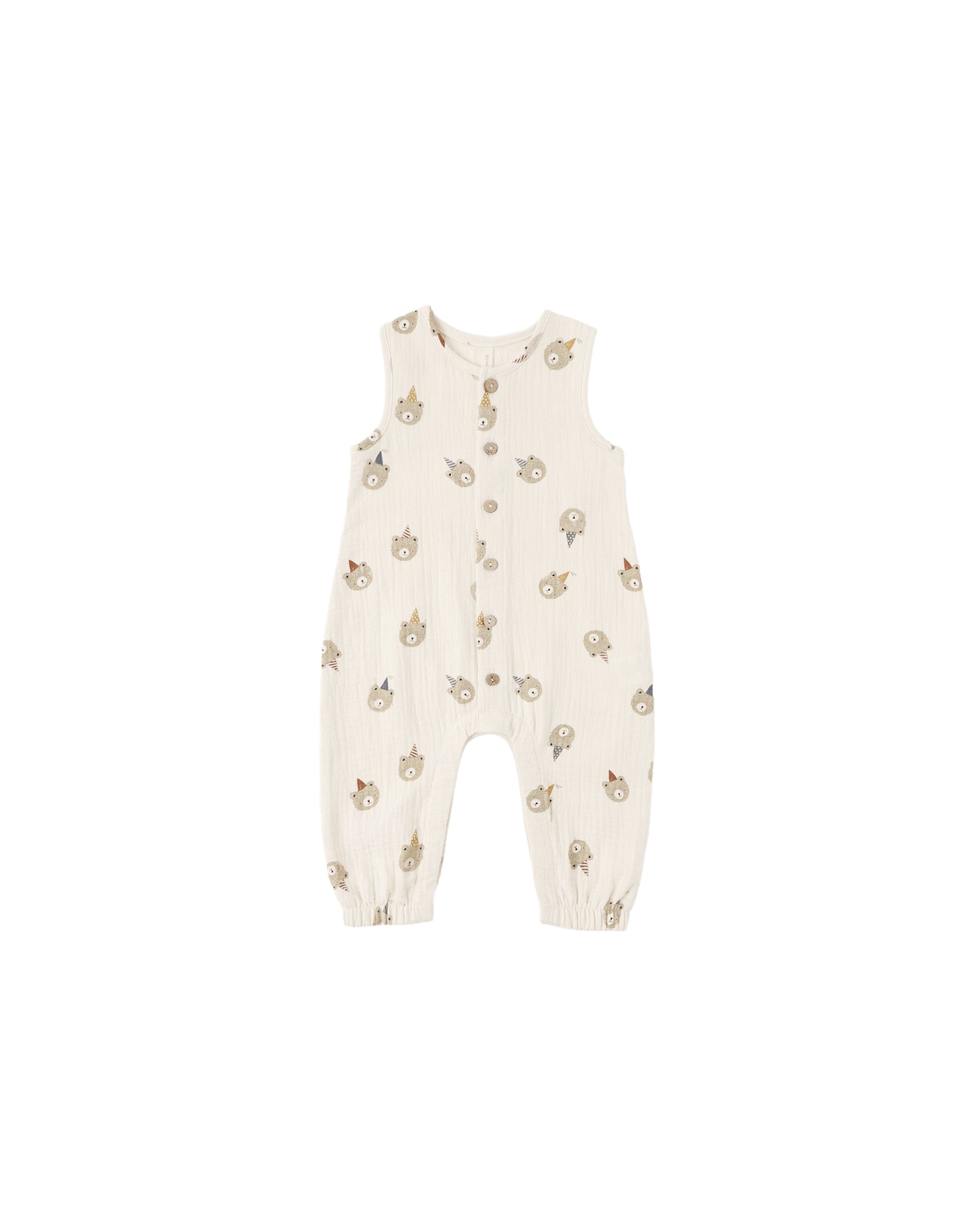 Natural-colored Quincy Mae Party Bears woven jumpsuit for toddlers, featuring a soft, comfortable fabric and playful design.