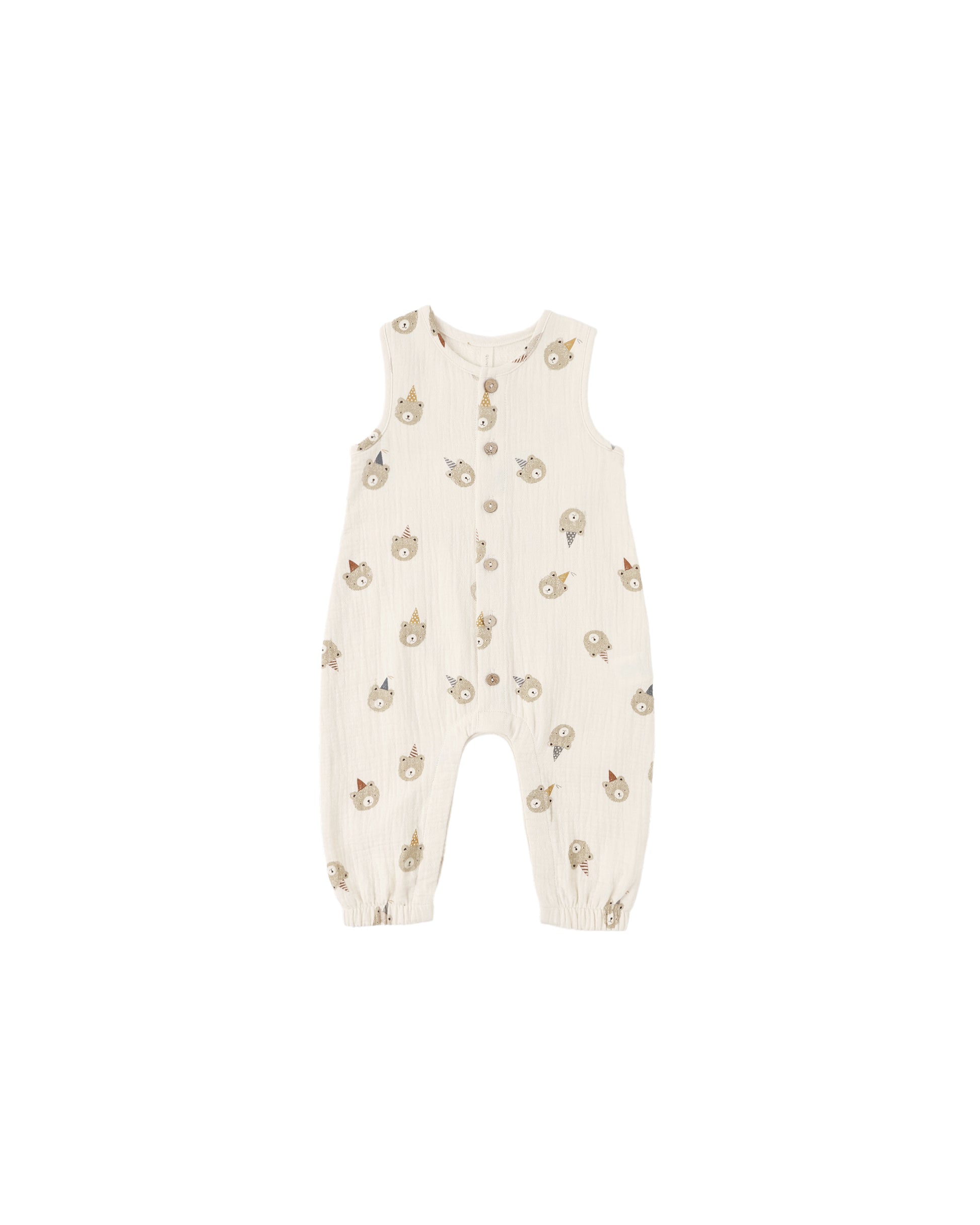Natural-colored Quincy Mae Party Bears woven jumpsuit for toddlers, featuring a soft, comfortable fabric and playful design.