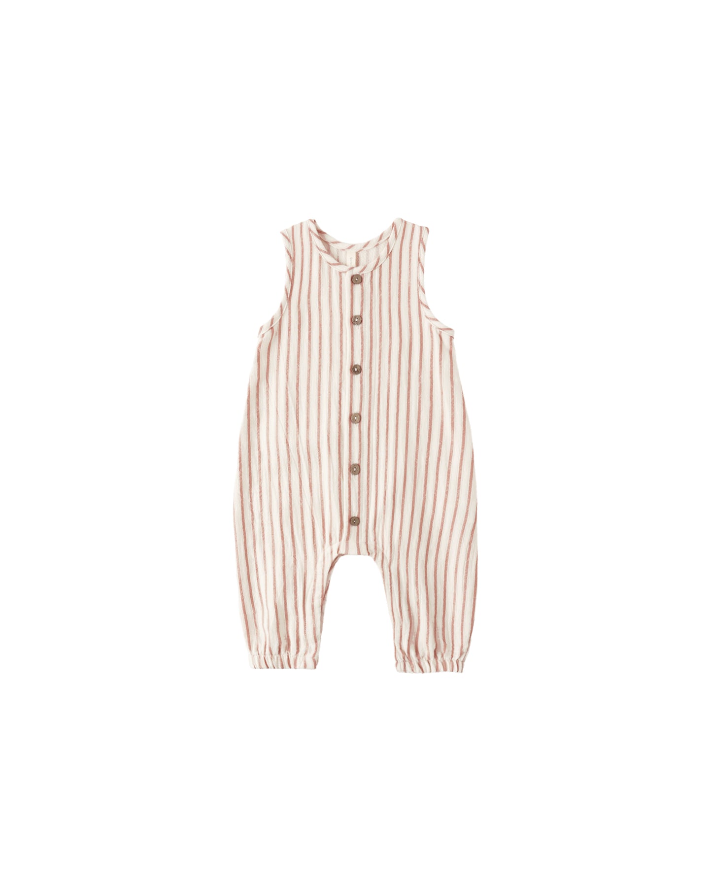 Natural-colored vintage stripe woven jumpsuit by Quincy Mae, featuring a relaxed fit and textured fabric.