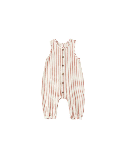 Natural-colored vintage stripe woven jumpsuit by Quincy Mae, featuring a relaxed fit and textured fabric.