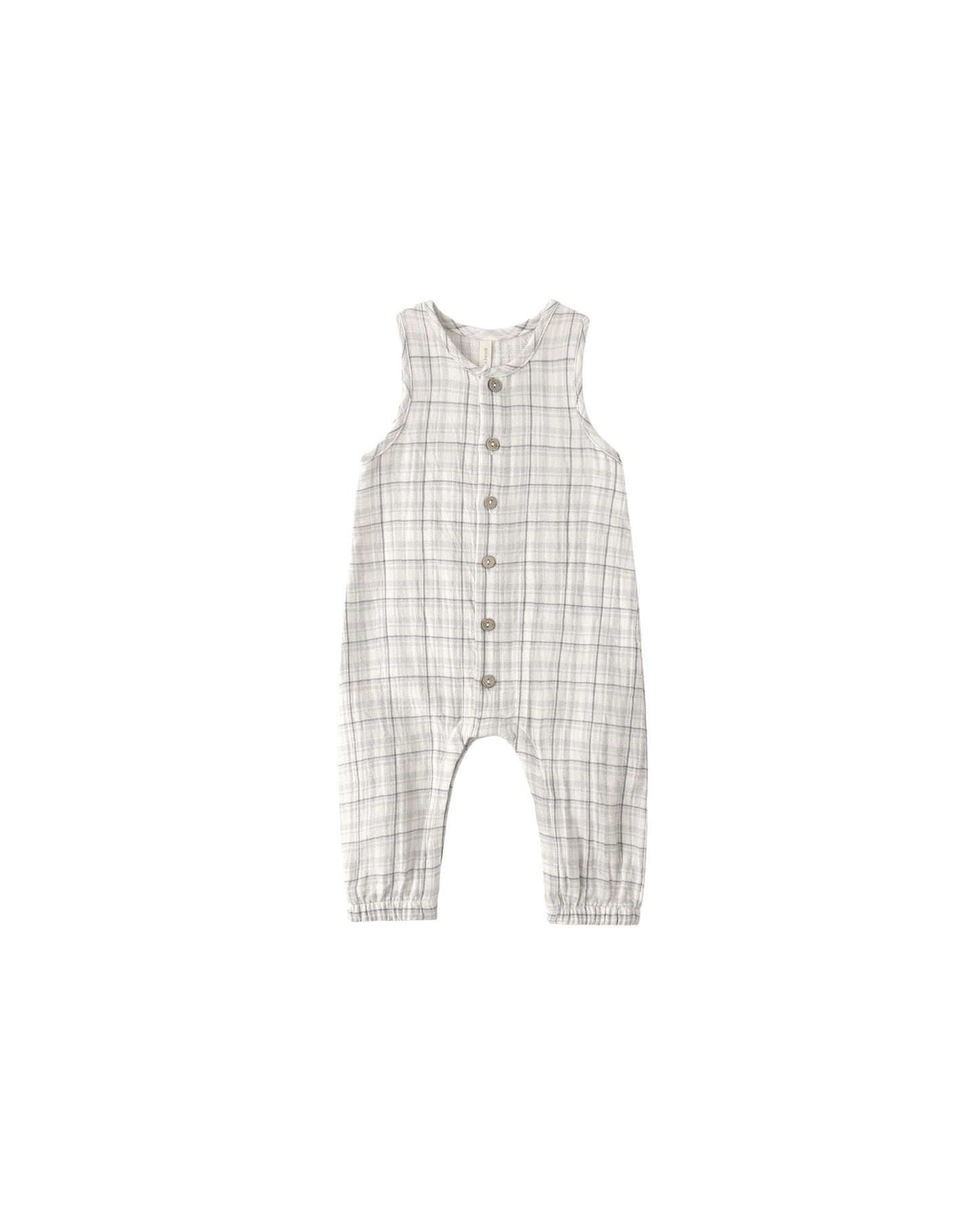Blue plaid woven jumpsuit by Quincy Mae featuring long sleeves and a relaxed fit, perfect for casual wear.
