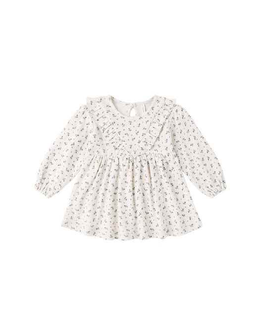 Blue Ditsy Long Sleeve Ruffle V Dress