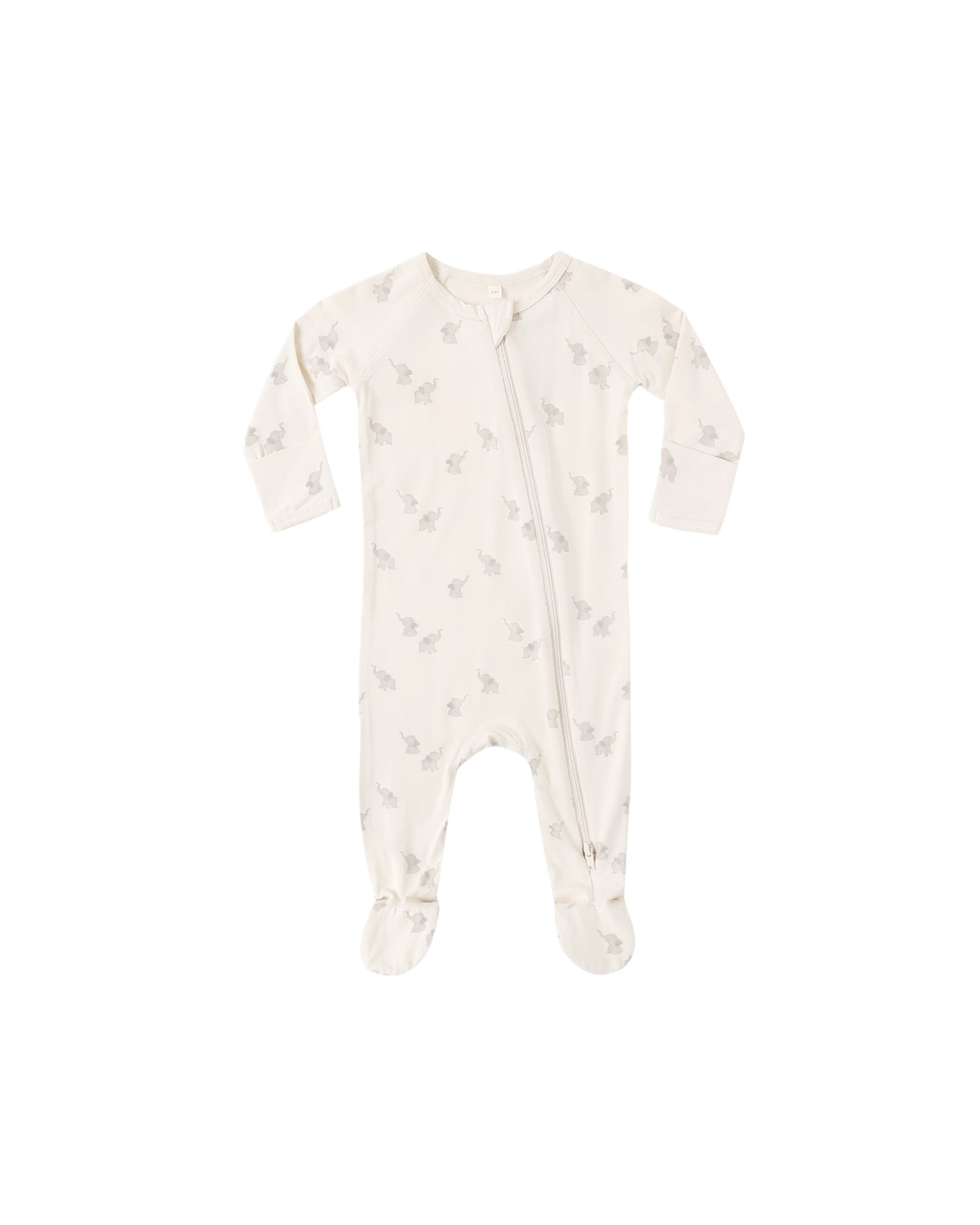 Quincy Mae elephants bamboo zip footie in natural color with elephant pattern, soft and cozy for babies.