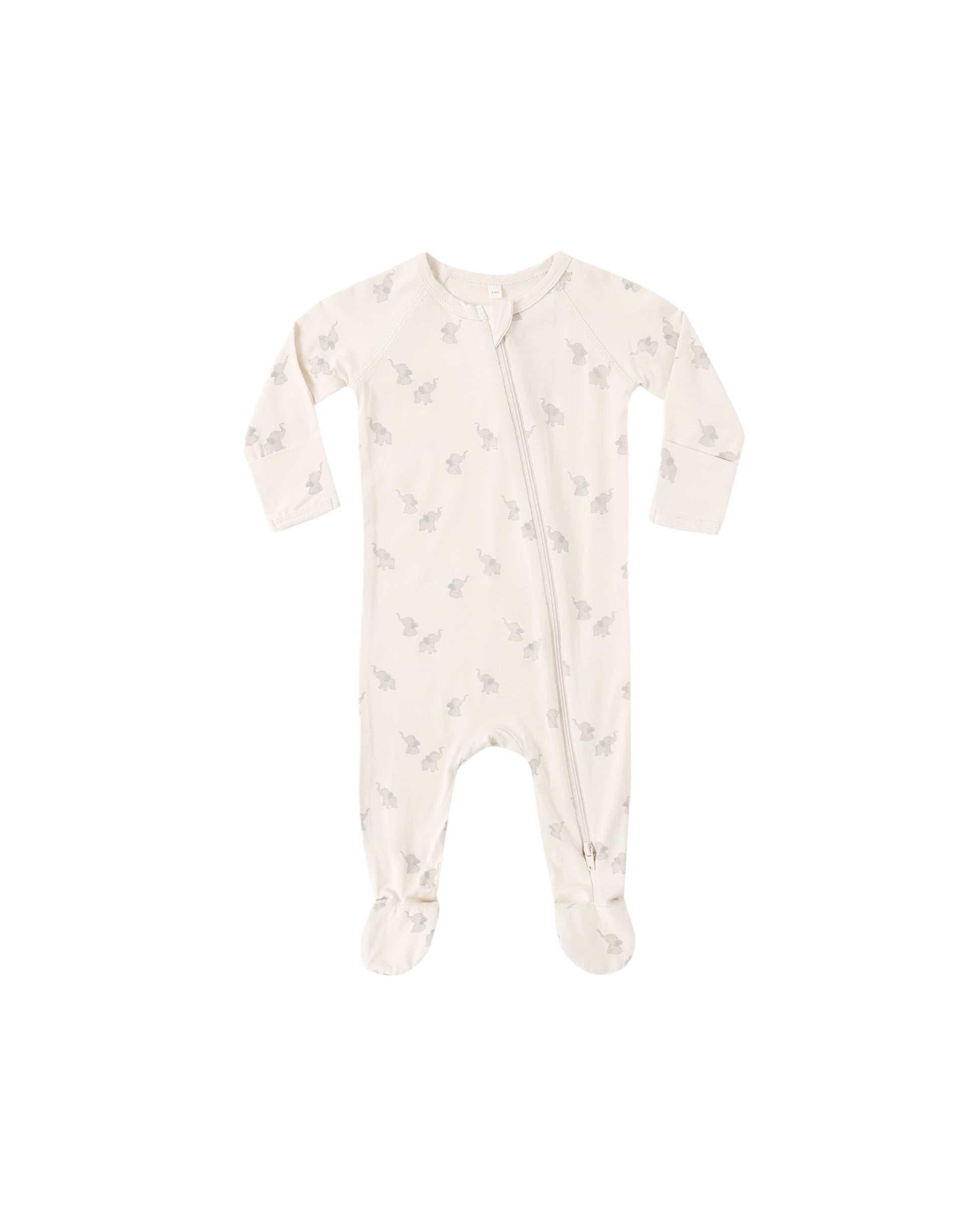 Quincy Mae elephants bamboo zip footie in natural color with elephant pattern, soft and cozy for babies.