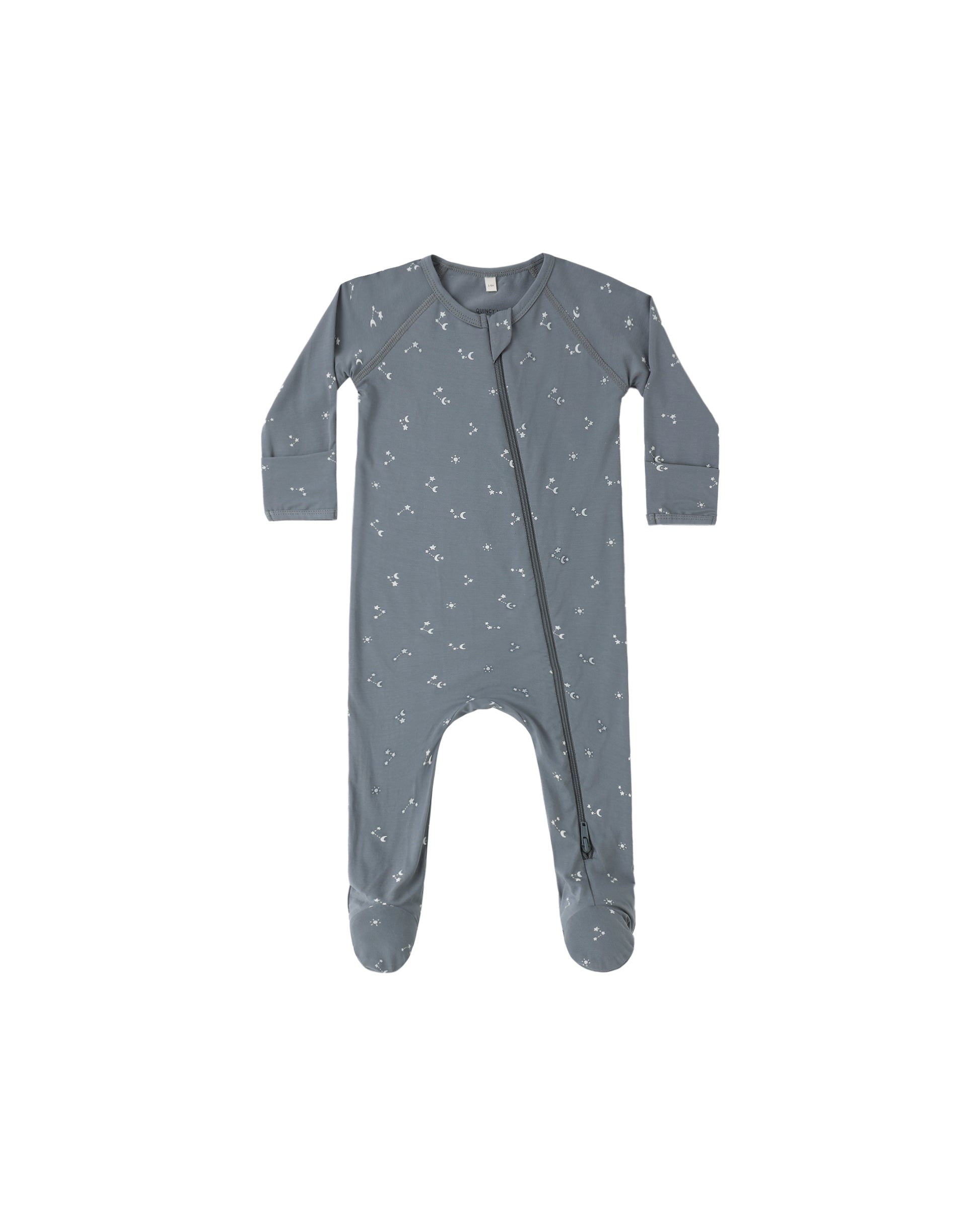 Quincy Mae Starlight Bamboo Zip Footie in ocean color, soft organic bamboo fabric, with zipper closure and footed design.