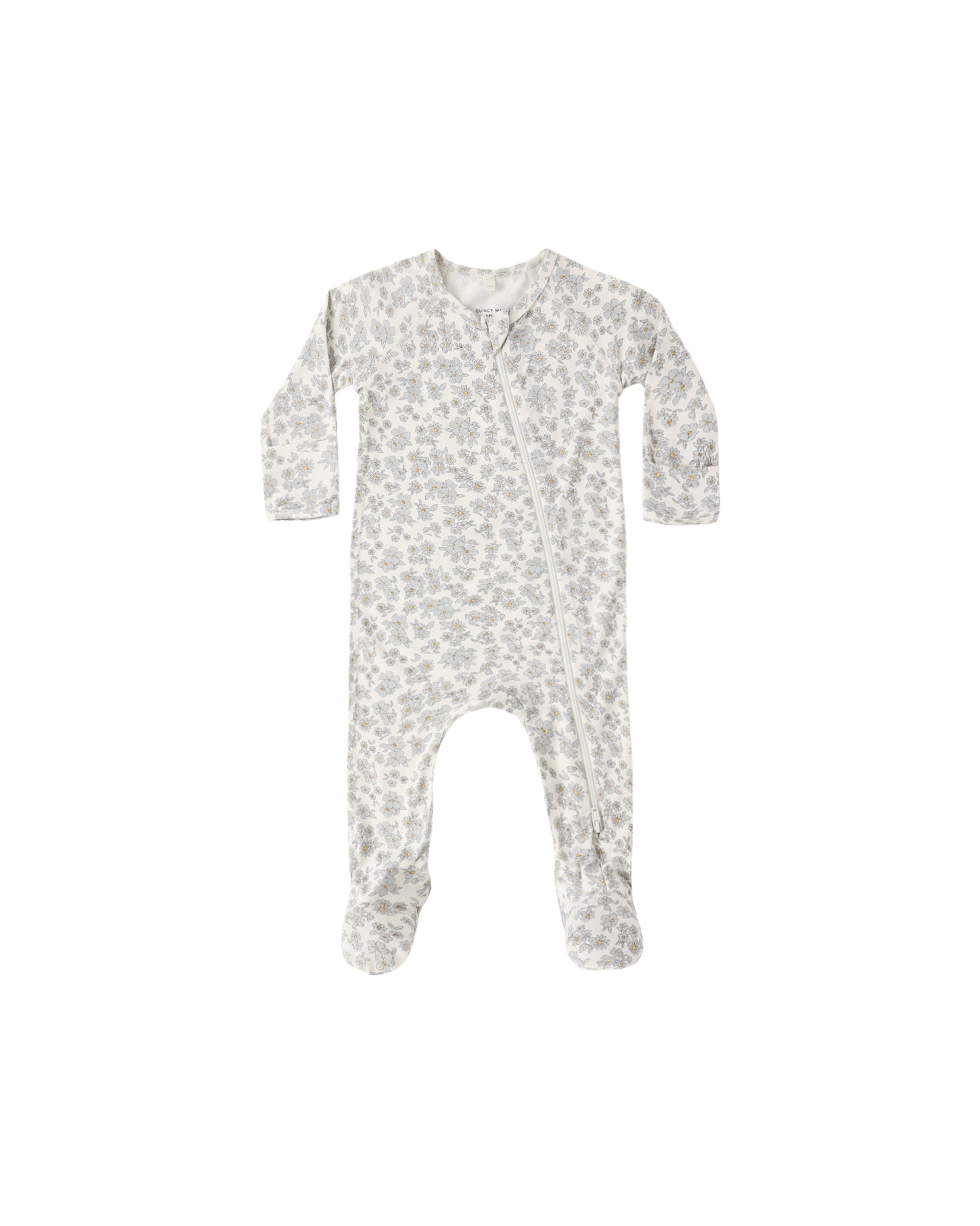 Blue floral bamboo zip footie by Quincy Mae, featuring a soft bamboo fabric with a floral pattern and front zipper.