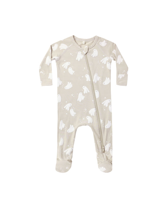 Dancing Ghost Bamboo Zip Footie by Quincy Mae in warm grey, featuring a cozy bamboo fabric and zipper front for easy dressing.