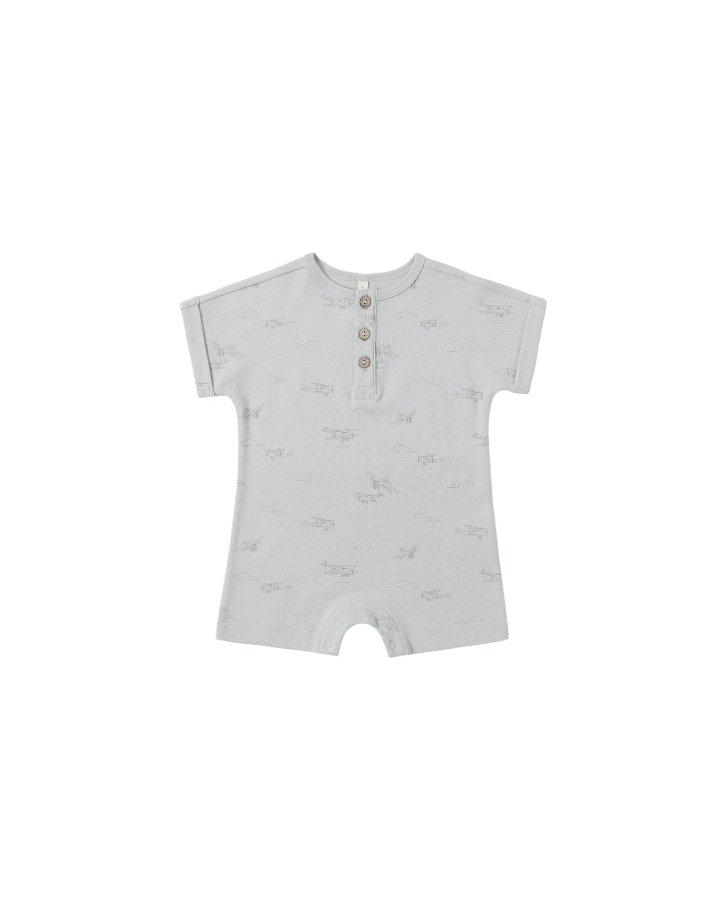 Quincy Mae airplanes print short sleeve one-piece for babies, featuring a sky blue background and playful airplane design.