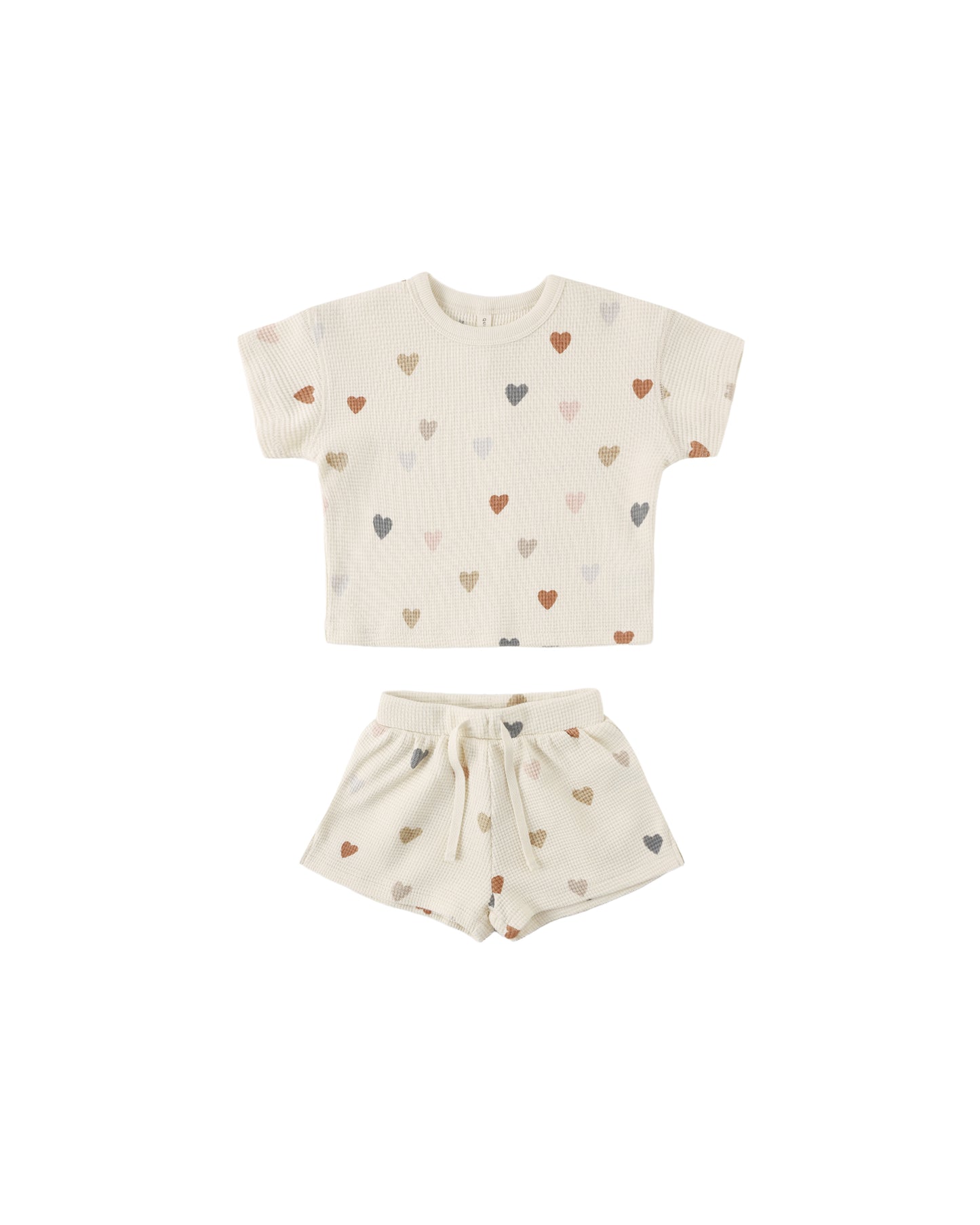 Natural cotton waffle tee and shorts set with confetti heart pattern from Quincy Mae, featuring a cozy, casual style.